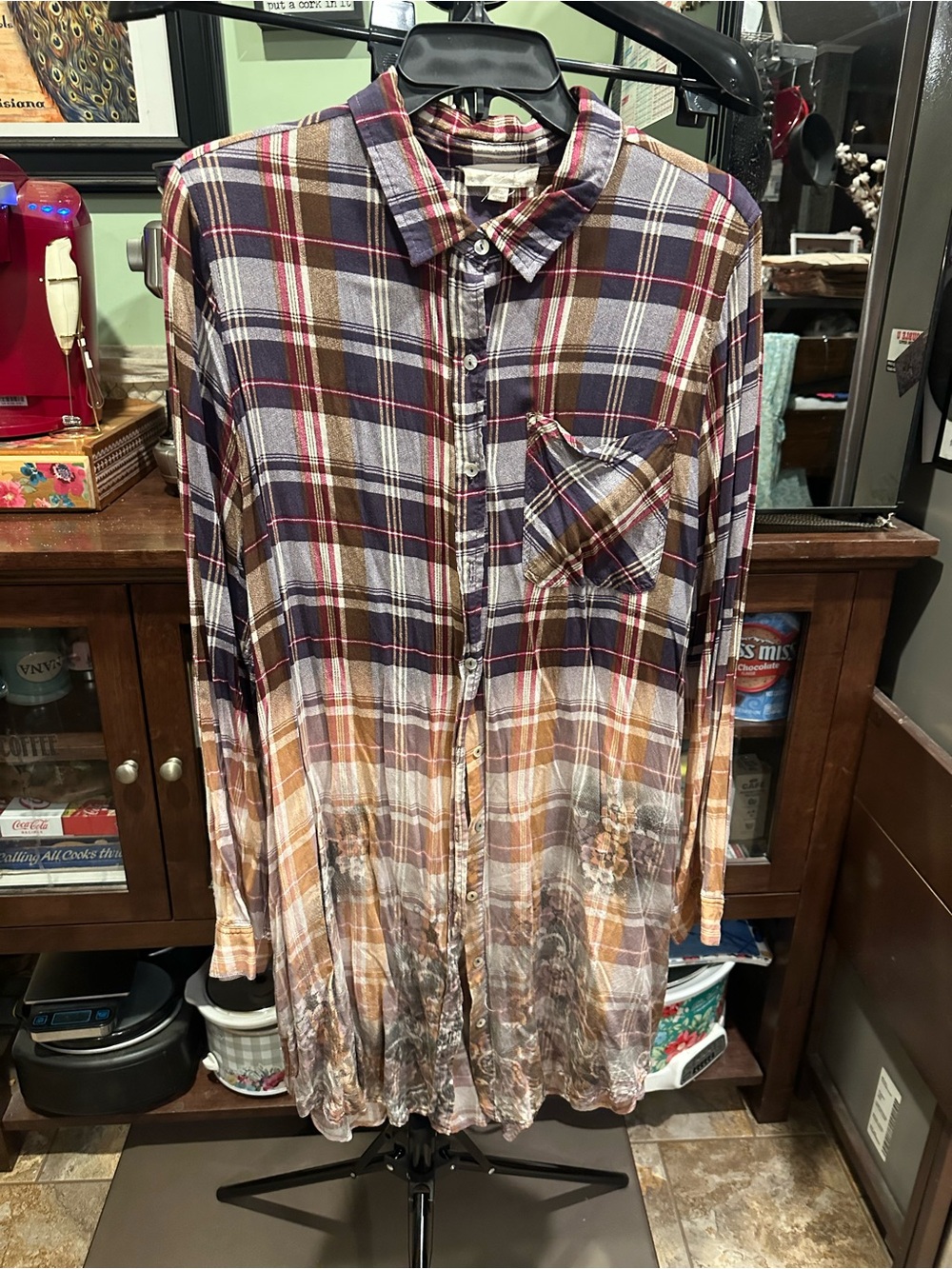 Women's Plaid Button-Up Long Shirt Dress in Brown and Blue